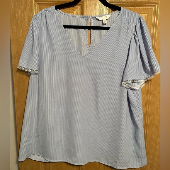 LC Lauren Conrad Blue and White Striped Shirt with Lace Detail - Picture 2 of 10